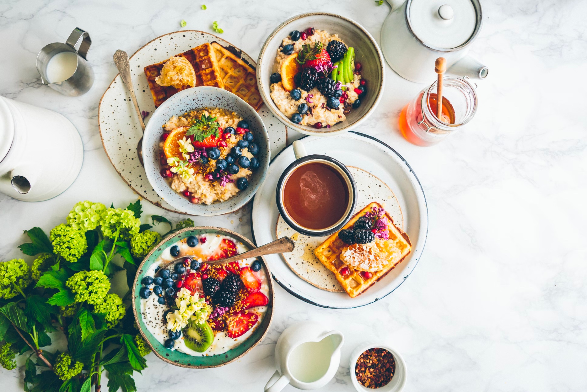 multiple breakfast options displayed on a table